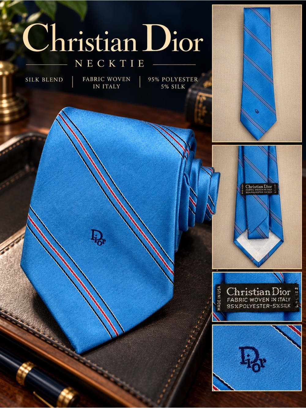 Dior Bright Blue Silk-Blend Tie with Red & White Stripe
